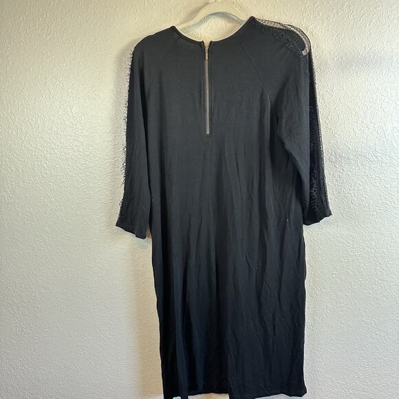 Garnet Hill Dress Knit 3/4 Lace Sleeve Surplice Tencel Black Large Minimalist - Picture 2 of 9